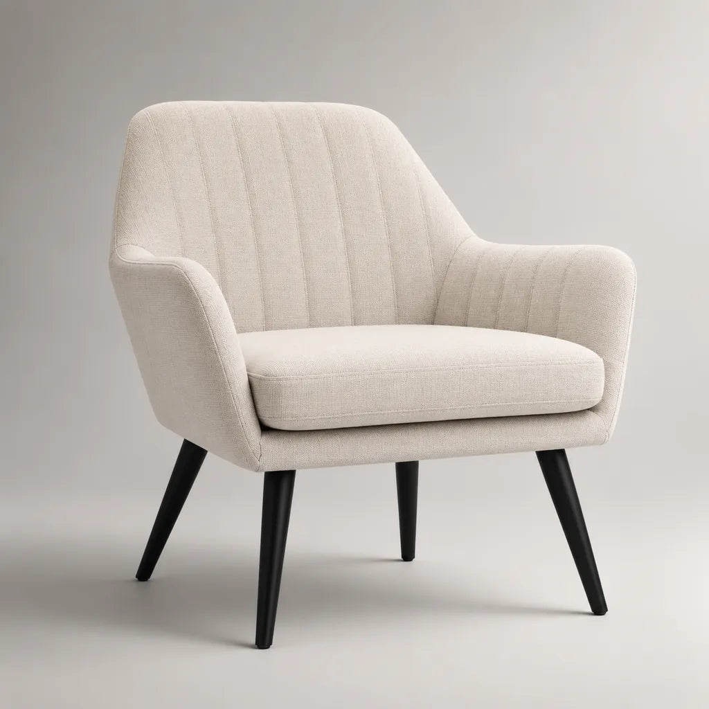Fauteuil de salon rembourré en tissu avec accoudoirs, dossier arrondi, beige clair et pieds noirs, 74 × 76 × 82 cm