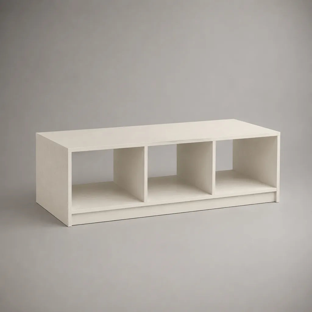 Table basse rectangulaire en panneaux de particules mélaminés blanc cassé avec 3 niches, 120 × 50 × 40 cm