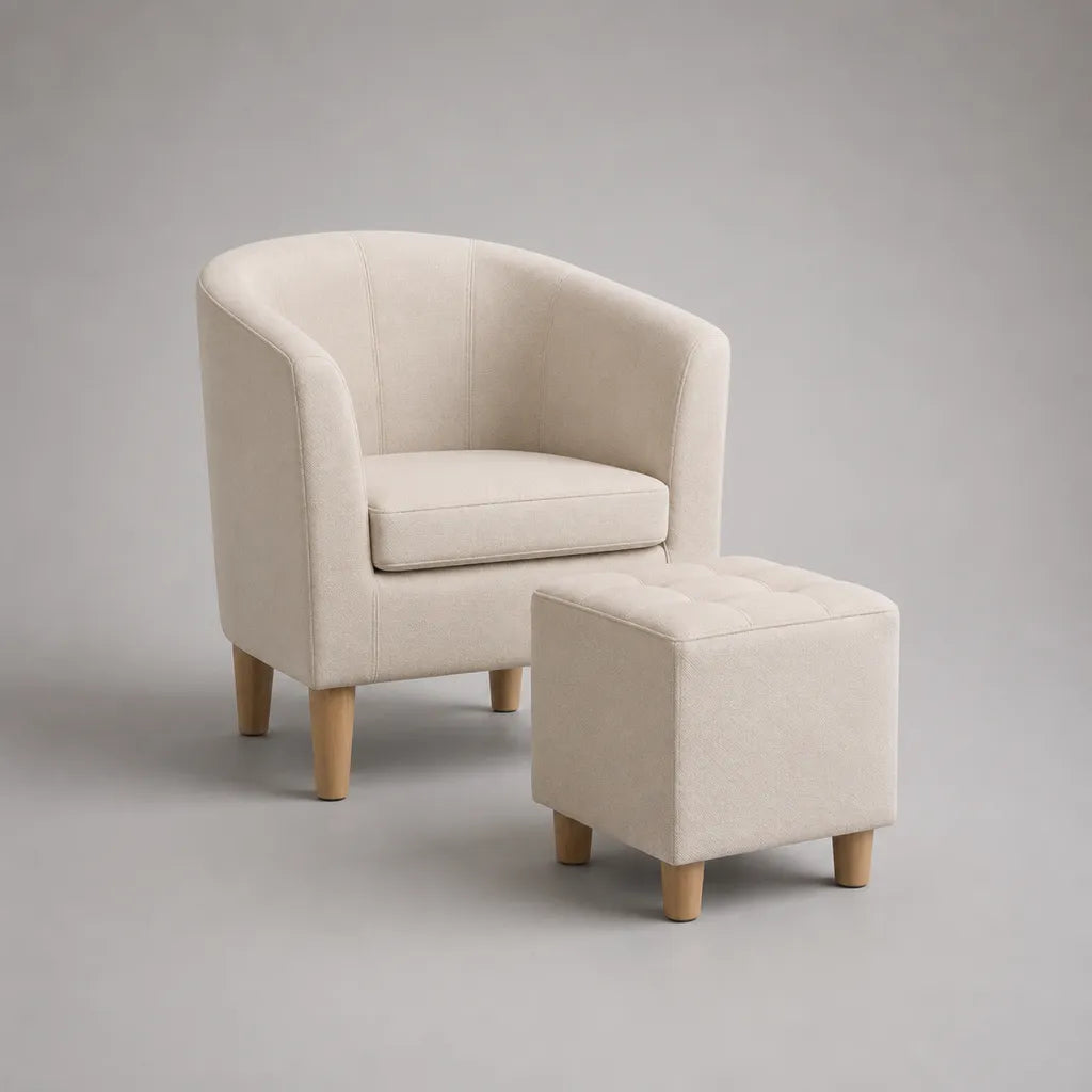 Ensemble 2 pièces avec fauteuil en tissu beige et repose-pieds, dossier arrondi, fauteuil 70 × 68 × 78 cm, repose-pieds 45 × 40 × 38 cm