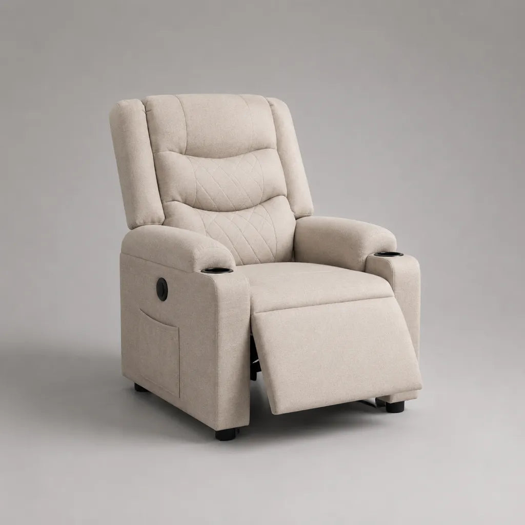 Fauteuil relax inclinable beige avec repose-pieds et 2 porte-gobelets, revêtement en polyester, 89 × 95 × 105 cm