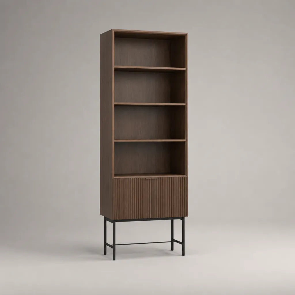 Bibliothèque haute rectangulaire avec placard, 4 niveaux, en MDF plaqué noyer et acier noir, 200 × 80 × 35 cm