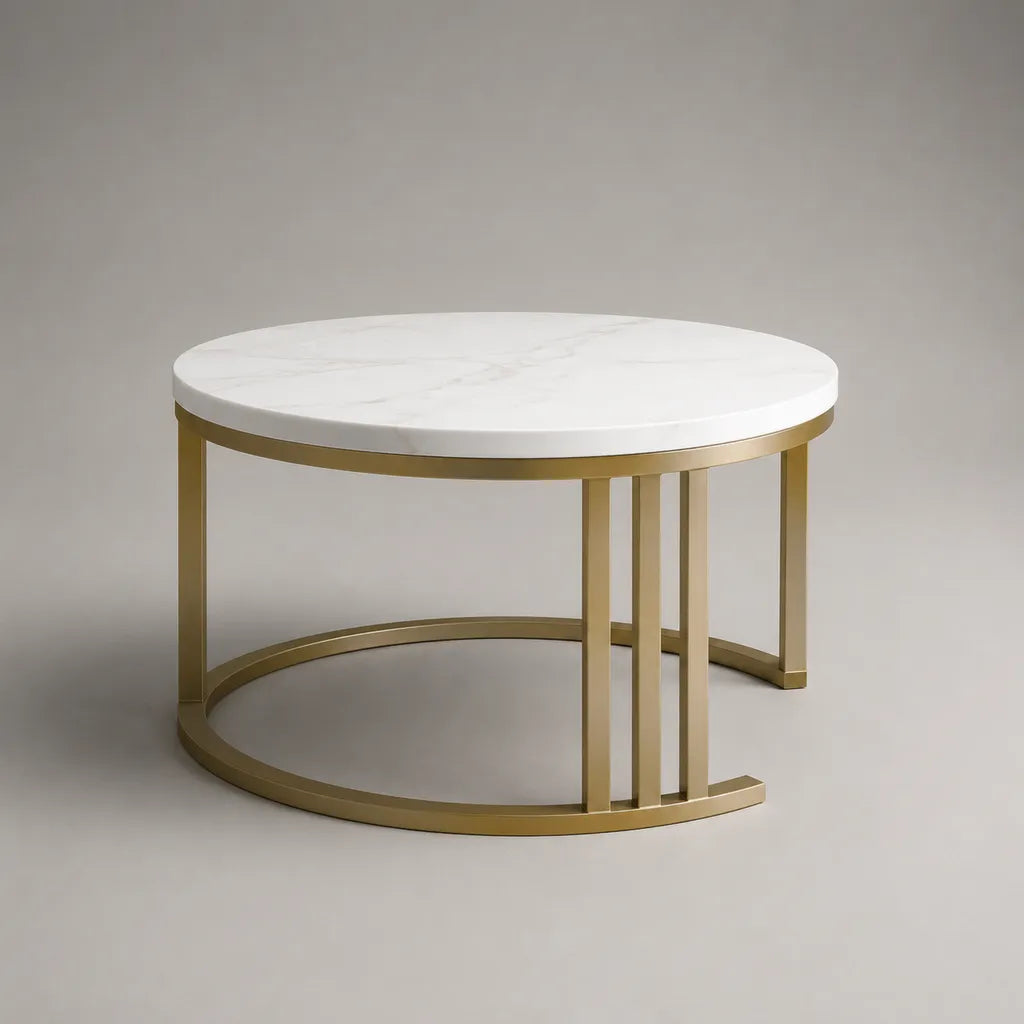 Table basse ronde avec plateau en MDF effet marbre et structure en acier, blanc et doré, Ø 80 × H 45 cm