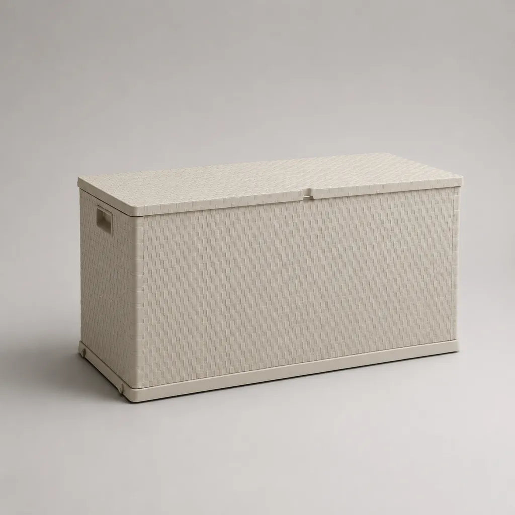 Coffre de jardin en plastique tressé beige clair, 320 L, 120 × 55 × 60 cm