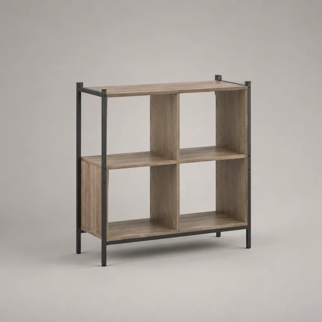 Bibliothèque 4 cases en panneaux de particules mélaminés et acier, chêne clair et noir, 90 × 30 × 90 cm