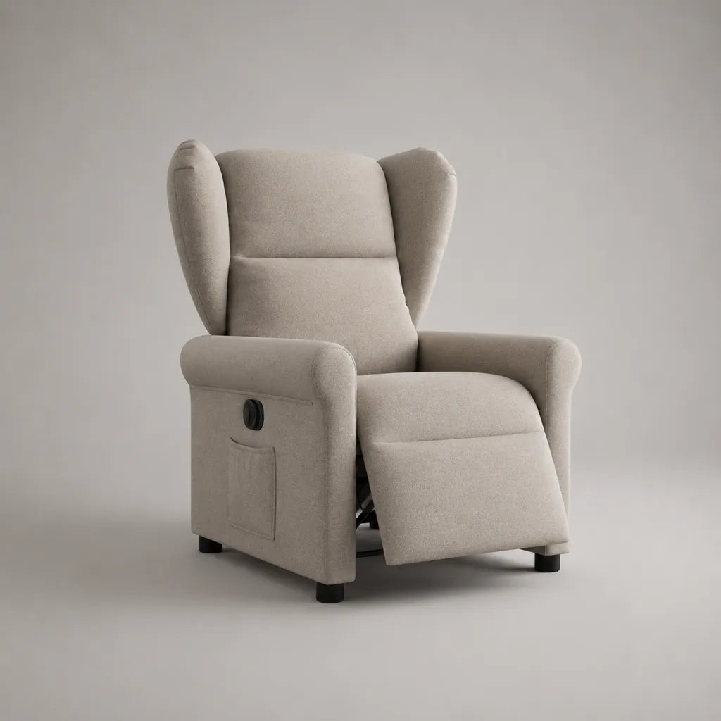 Fauteuil relax manuel inclinable en polyester beige et noir avec dossier à oreilles, 72 × 90 × 105 cm