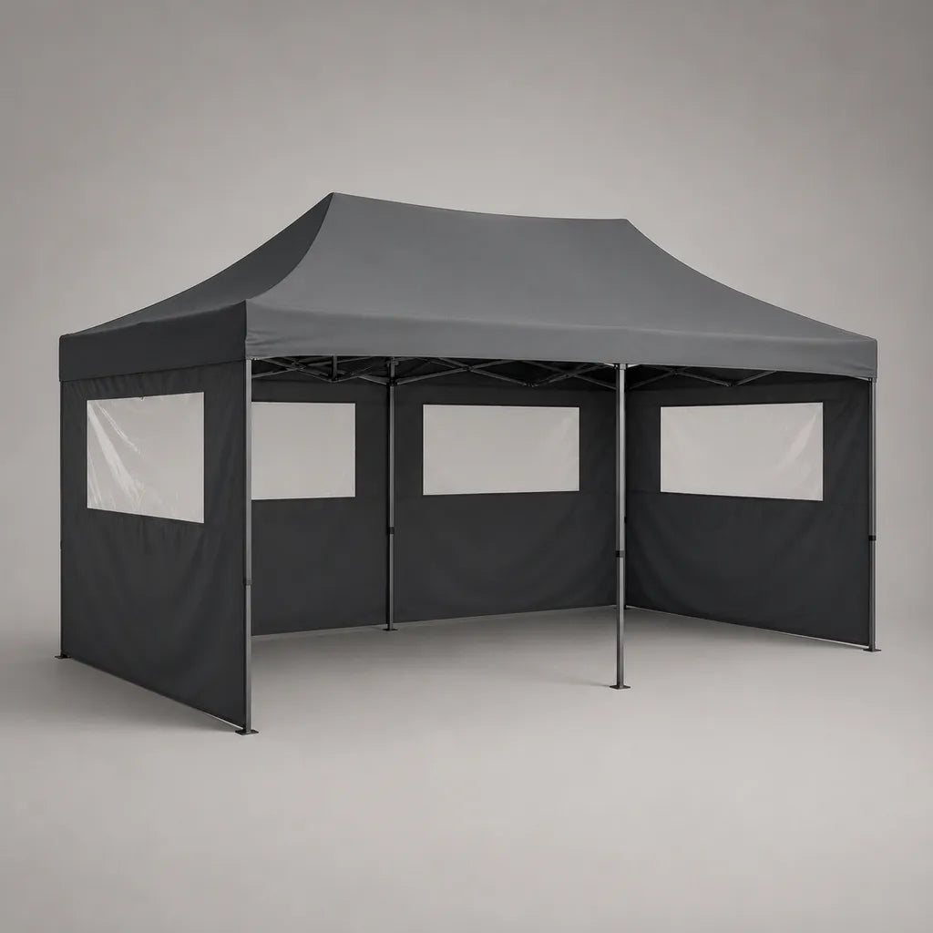 Tonnelle pliante extérieure 3 × 6 m en acier et polyester avec 3 parois à fenêtres, gris anthracite