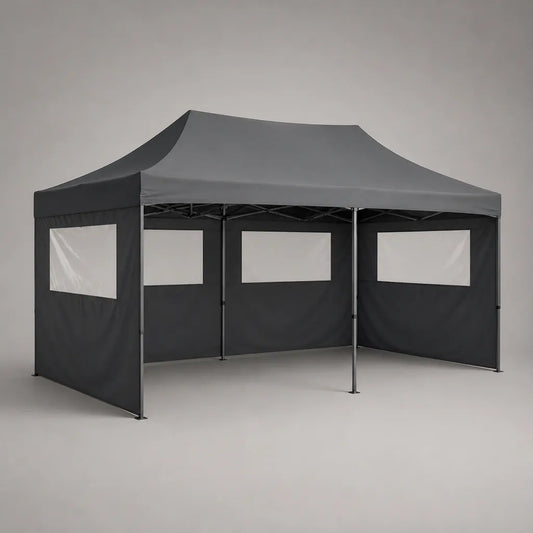 Tonnelle pliante extérieure 3 × 6 m en acier et polyester avec 3 parois à fenêtres, gris anthracite