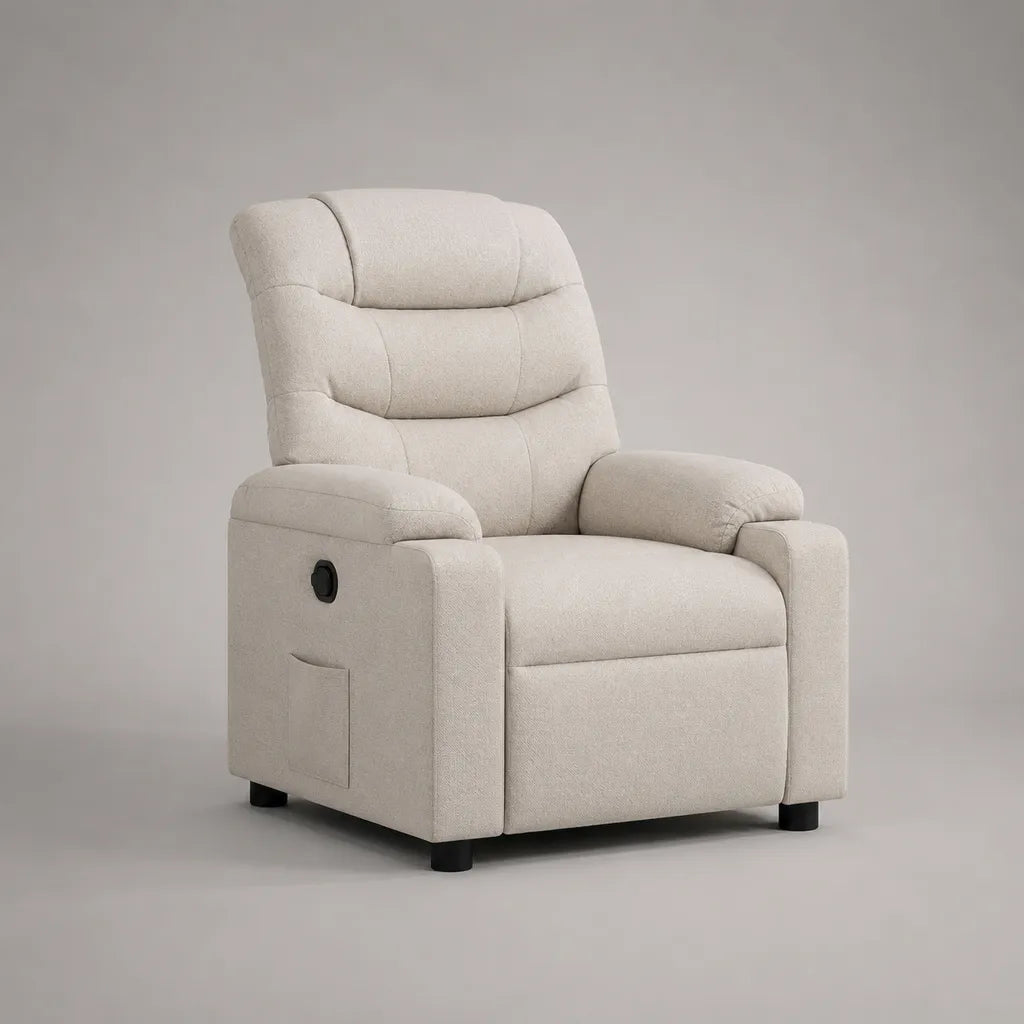 Fauteuil relax manuel inclinable en tissu écru avec repose-pieds, 76 × 92 × 105 cm