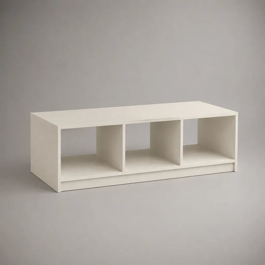 Table basse rectangulaire en panneaux de particules mélaminés blanc cassé avec 3 niches, 120 × 50 × 40 cm