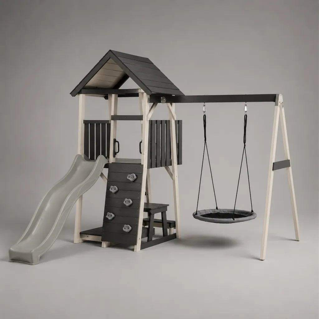 Aire de jeux extérieure pour enfant en pin massif avec balançoire nid, toboggan et mur d’escalade, gris, blanc cassé et noir, 520 × 380 × 290 cm