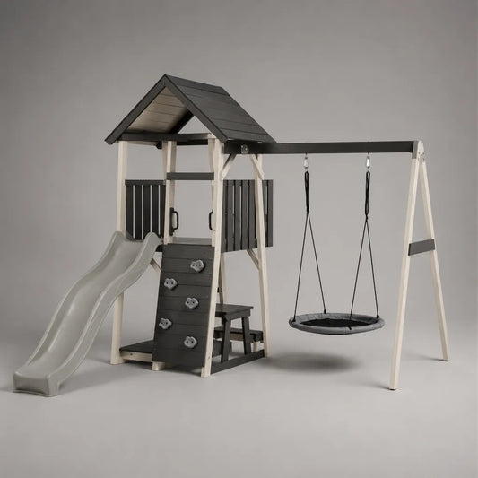 Aire de jeux extérieure pour enfant en pin massif avec balançoire nid, toboggan et mur d’escalade, gris, blanc cassé et noir, 520 × 380 × 290 cm
