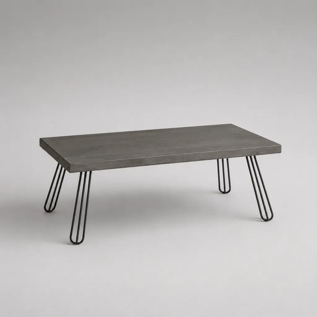 Table basse rectangulaire en MDF effet béton gris et acier noir, 110 × 60 × 40 cm