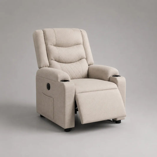 Fauteuil relax inclinable beige avec repose-pieds et 2 porte-gobelets, revêtement en polyester, 89 × 95 × 105 cm