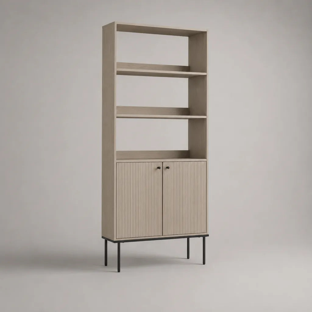 Bibliothèque en MDF et acier avec placard à 2 portes et 3 niches, grège et noir, 190 × 80 × 35 cm