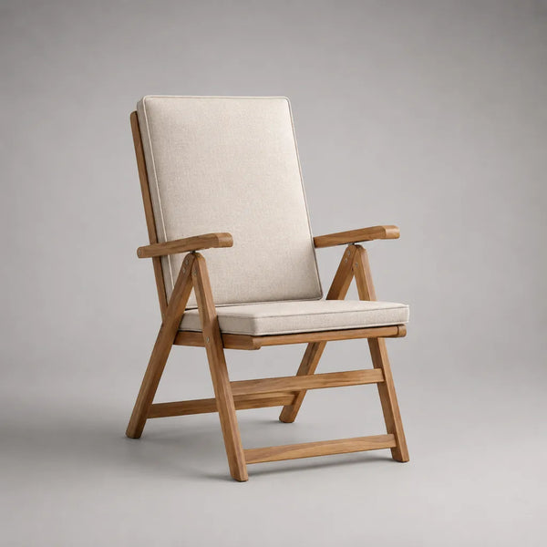 Fauteuil de jardin pliant en bois avec coussins en tissu beige, 68 × 82 × 103 cm