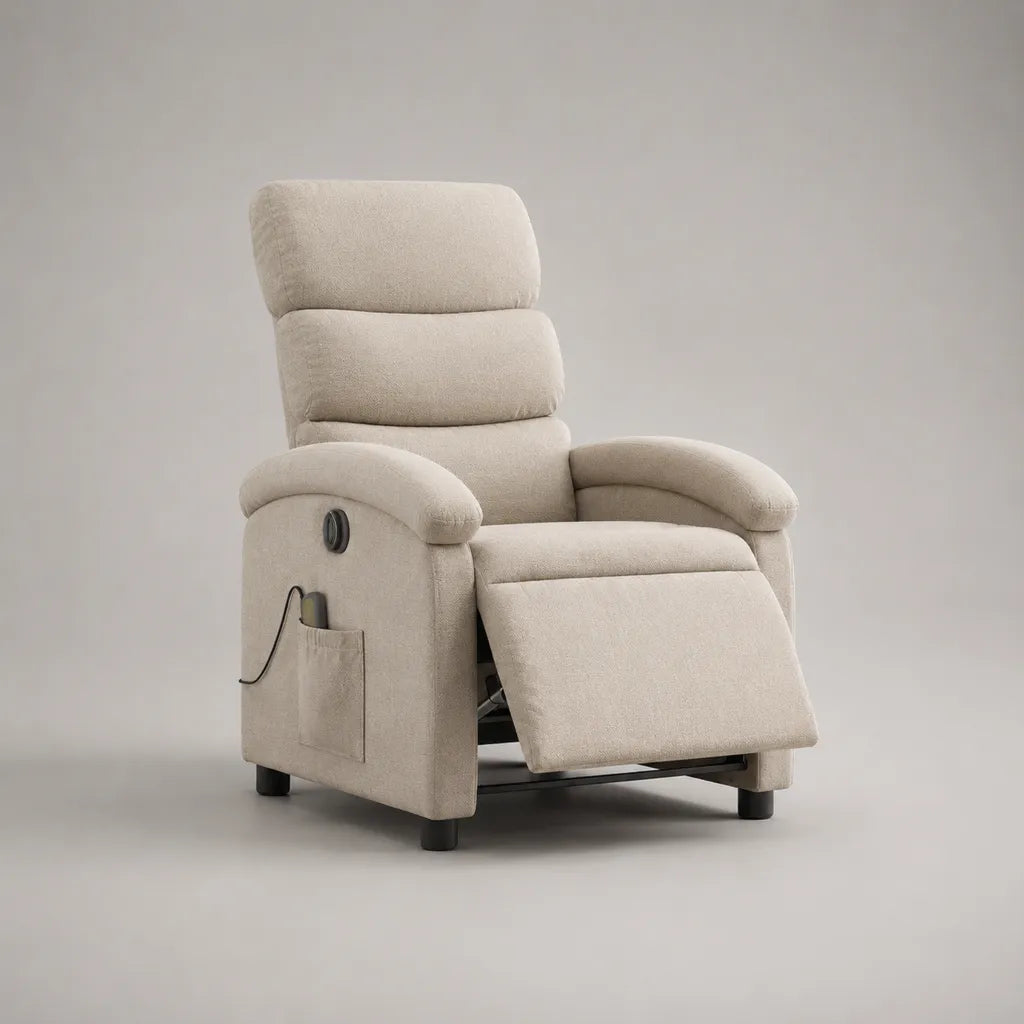 Fauteuil relax électrique inclinable en tissu beige avec dossier haut et repose-pieds, 78 × 92 × 108 cm