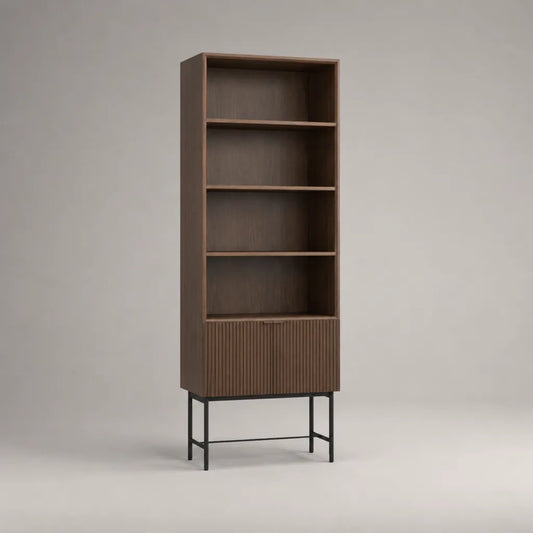 Bibliothèque haute rectangulaire avec placard, 4 niveaux, en MDF plaqué noyer et acier noir, 200 × 80 × 35 cm