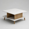 Table basse carrée en MDF mélaminé effet marbre blanc et chêne avec rangement à 2 niveaux, 80 × 80 × 45 cm