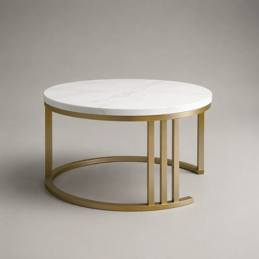 Table basse ronde avec plateau en MDF effet marbre et structure en acier, blanc et doré, Ø 80 × H 45 cm