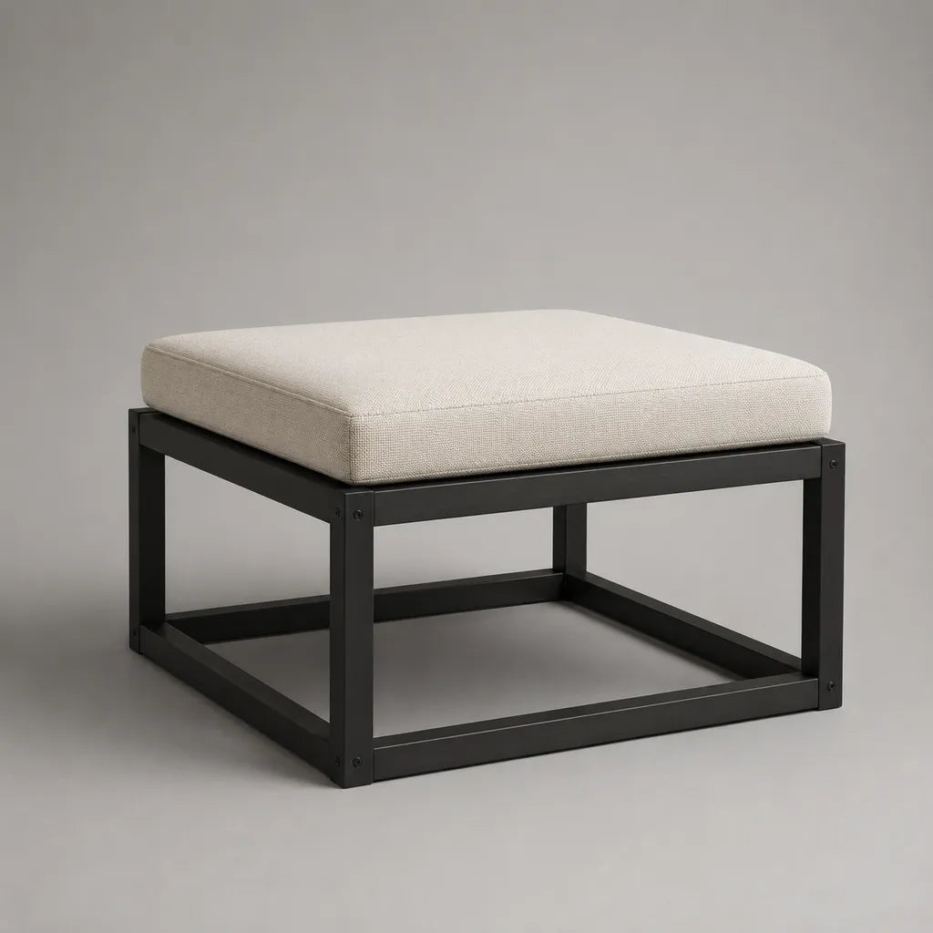 Repose-pieds carré beige et noir en polyester et acier, 60 × 60 × 43 cm
