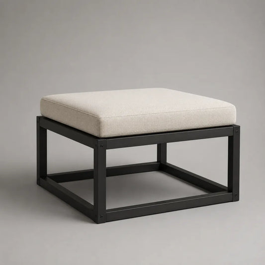 Repose-pieds carré beige et noir en polyester et acier, 60 × 60 × 43 cm