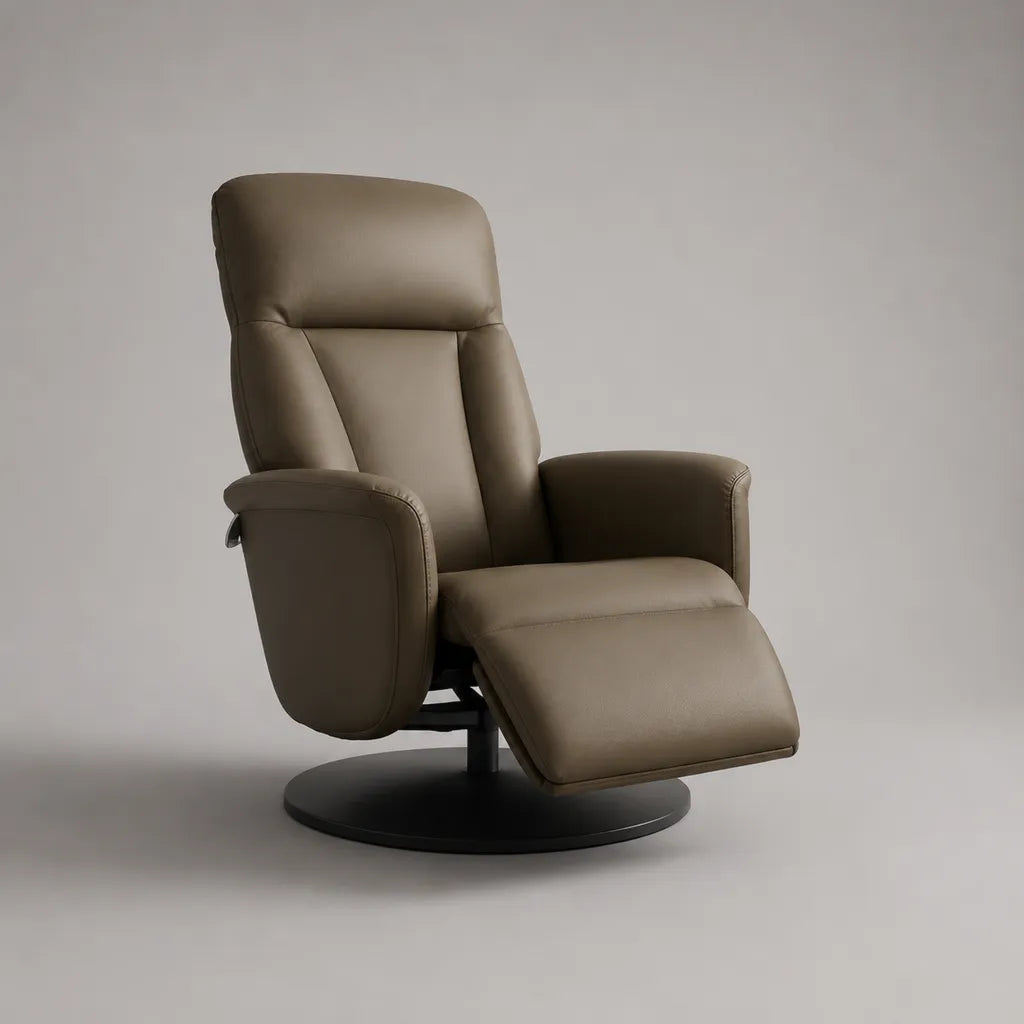 Fauteuil relax manuel pivotant à 360° en similicuir taupe avec base en métal noir, 78 × 83 × 105 cm
