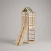 Tour de jeu pour enfant en bois avec rampe d’escalade, corde, échelle et toit, bois naturel et vert foncé, 220 × 90 × 210 cm