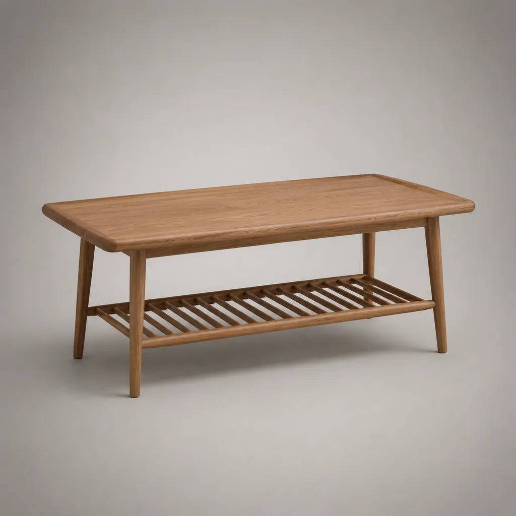 Table basse rectangulaire en chêne massif avec étagère à lattes, marron naturel, 100 × 50 × 45 cm